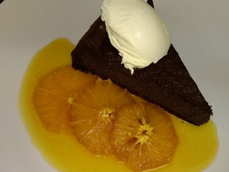 Rich chocolate tart with caramelised oranges