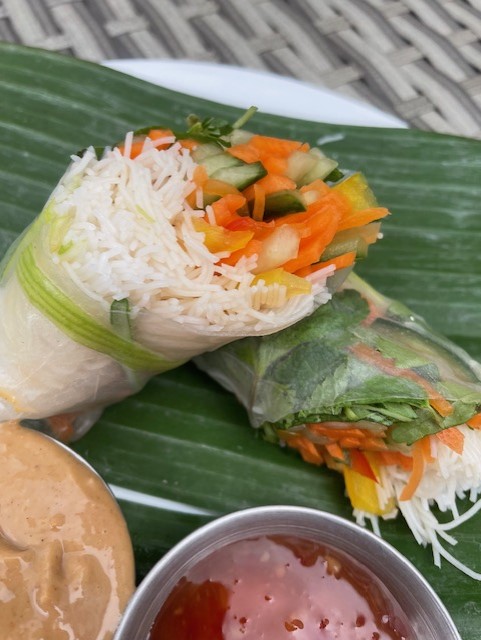 Vietnemese vegetable rolls with peanut dip and sweet chilli sauce